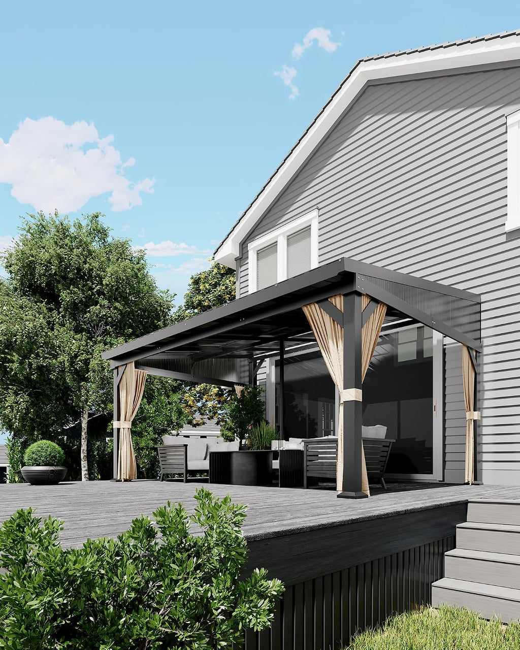 10'x14' Wall-Mounted Lean-to Gazebo with Galvanized Steel Roof, Gutters & Sliding Netting/Curtains – Hardtop Metal Pergola Canopy for Patio, Backyard, Garden, or Carport – Weather-Resistant & Durable