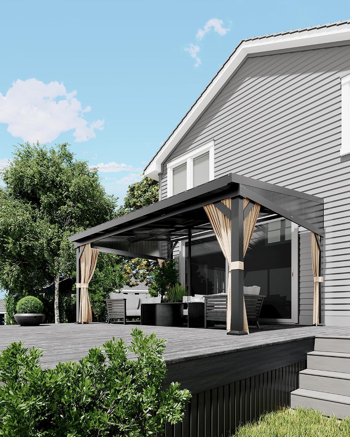 10'x14' Wall-Mounted Lean-to Gazebo with Galvanized Steel Roof, Gutters & Sliding Netting/Curtains – Hardtop Metal Pergola Canopy for Patio, Backyard, Garden, or Carport – Weather-Resistant & Durable