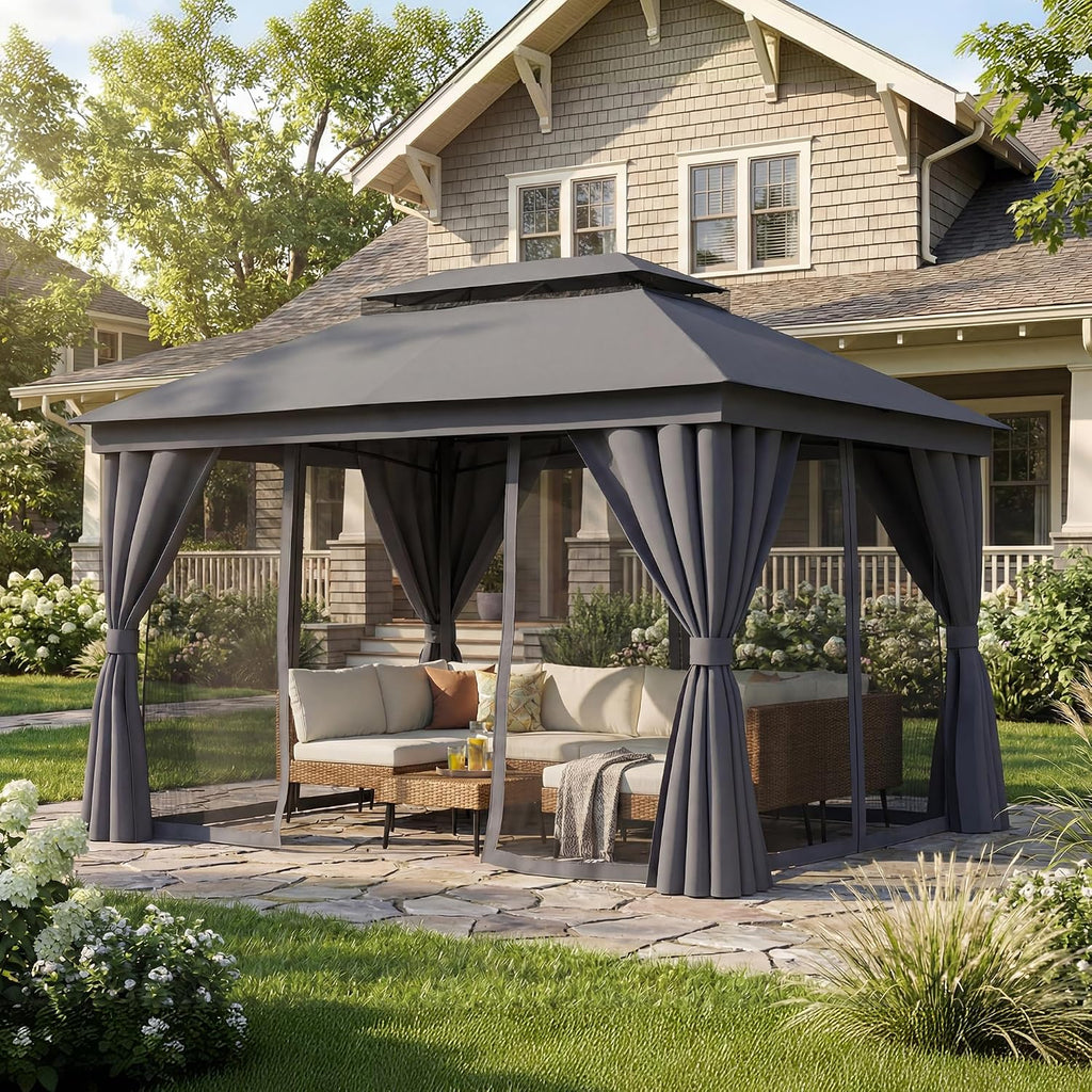 Outdoor Patio Gazebo 10x13, Heavy Duty Metal Frame Canopy Tent Shelter with Double Roof Design, Patio Gazebo with Mosquito Nettings and Privacy Screens for Backyard, Deck, Lawn, Garden