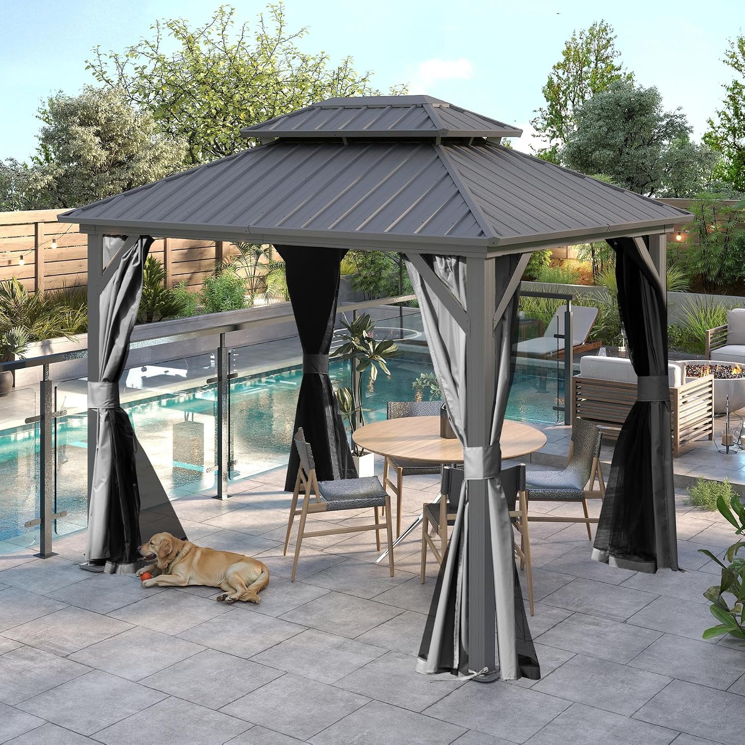 Hardtop Gazebo 8x10 FT, Metal Outdoor Gazebos with Galvanized Steel Double Roof, Curtains and Nettings, Permanent Gazebo Pavilion for Patio Wedding, Party, Outdoor Dining -Grey