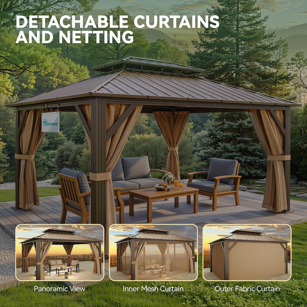 YITAHOME 10x12ft Hardtop Gazebo with Nettings and Curtains, Heavy Duty Double Roof Galvanized Steel Outdoor Combined of Horizontal Vertical Stripes Roof for Patio, Backyard, Deck, Lawn (Bronze)