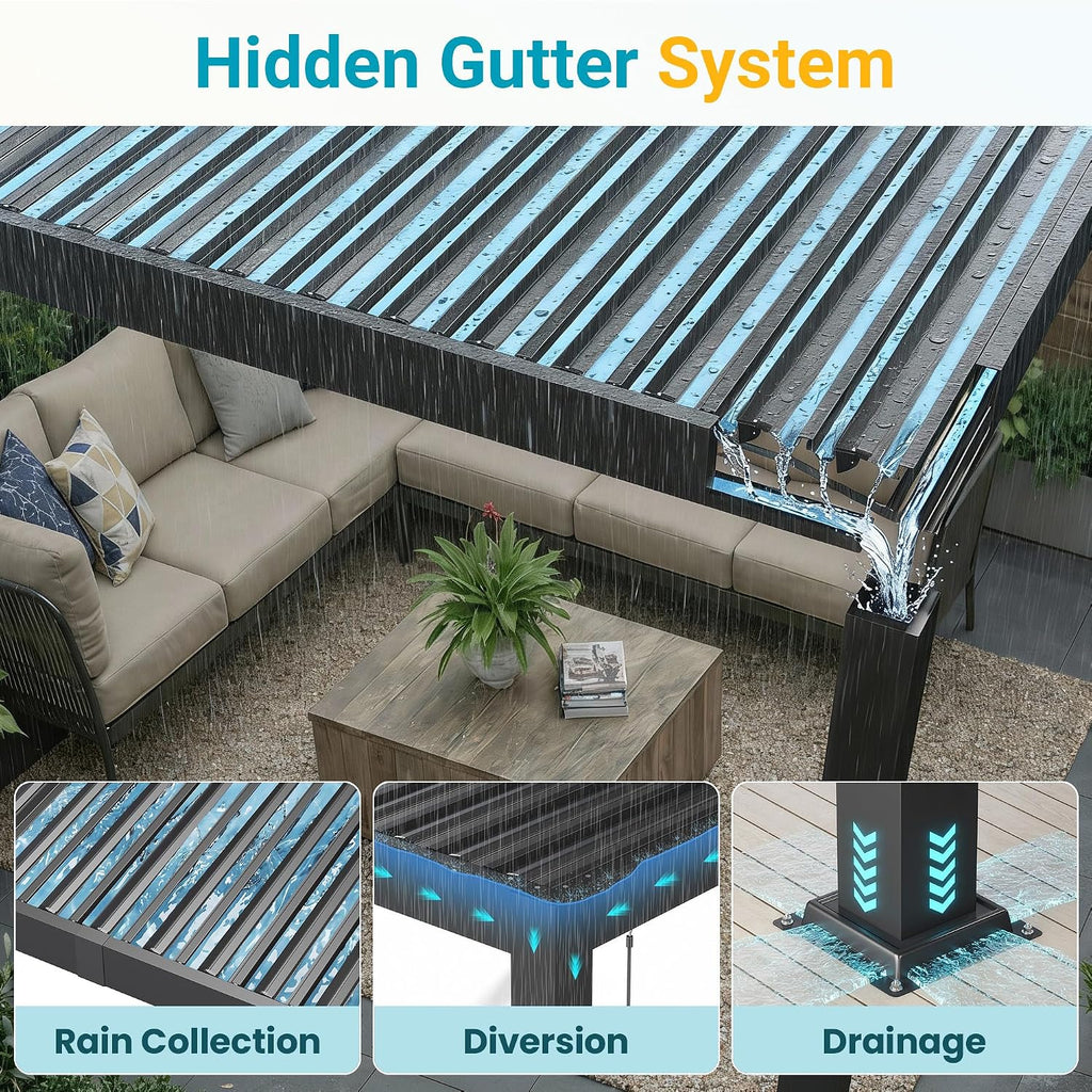 Louvered Pergola, 12' x 16' Outdoor Pergola, Metal Patio Gazebo with Adjustable Louvers Roof and Gutter System, Metal Hardtop Gazebo for Patio, Backyard, Deck, Garden, Dark Gray