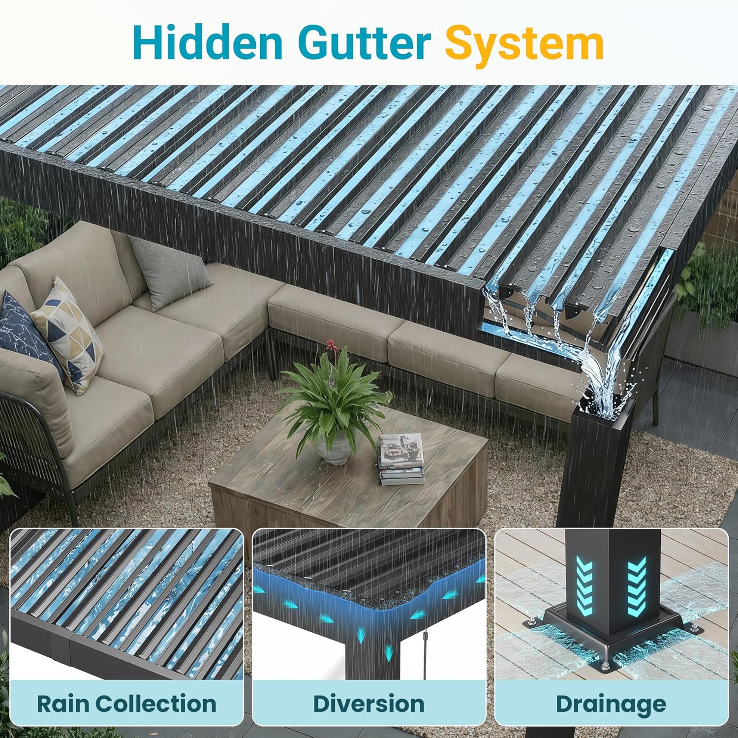 Louvered Pergola, 10' x 12' Outdoor Pergola, Metal Patio Gazebo with Adjustable Louvers Roof and Gutter System, Metal Hardtop Gazebo for Patio, Backyard, Deck, Garden, Dark Gray