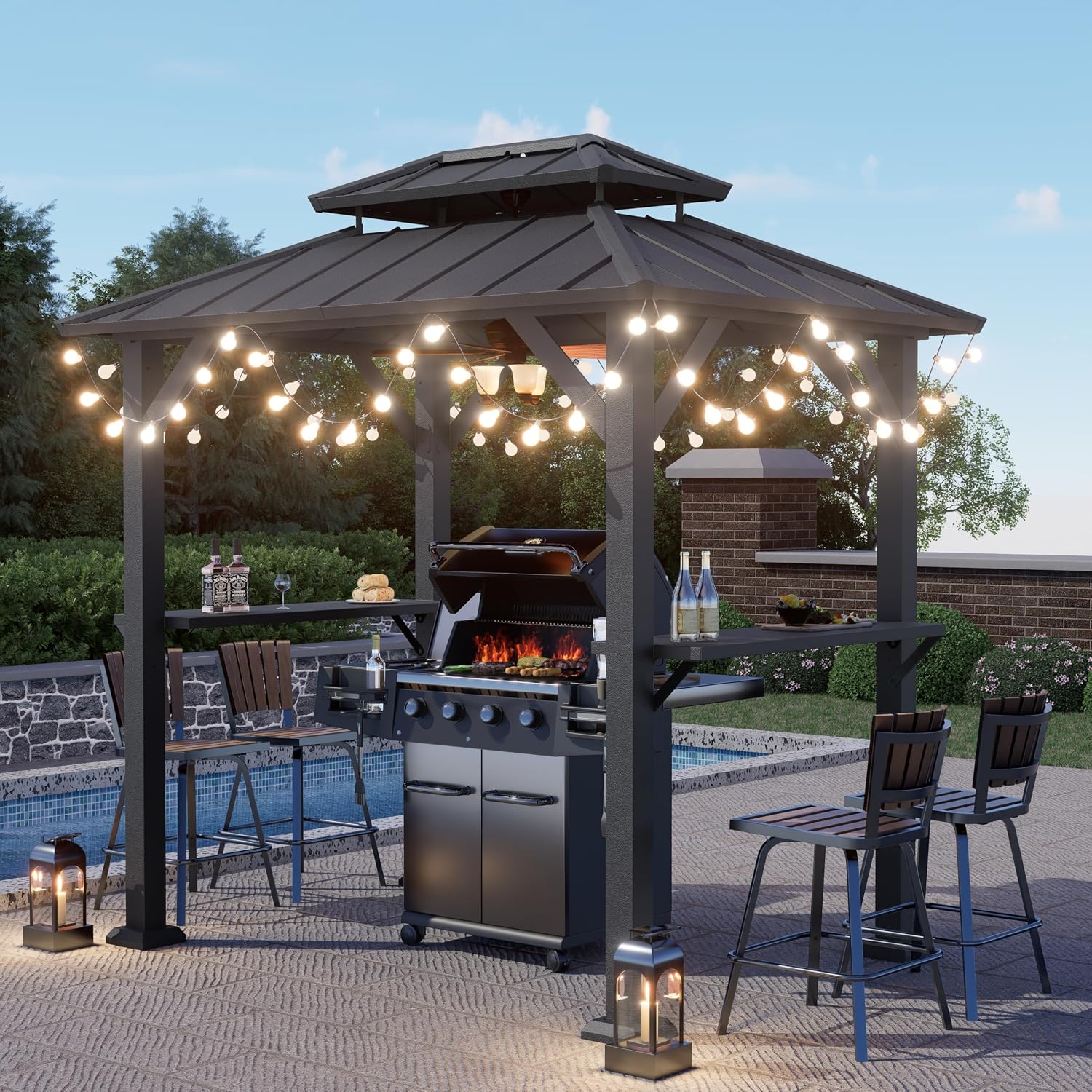 Grill Gazebo,Outdoor Hardtop Gazebo with Galvanized Steel Double Roof BBQ Grill Canopy with Aluminum Frame, 2 Side Shelves for Patio, Backyard, Deck,Lawn 8'x6'