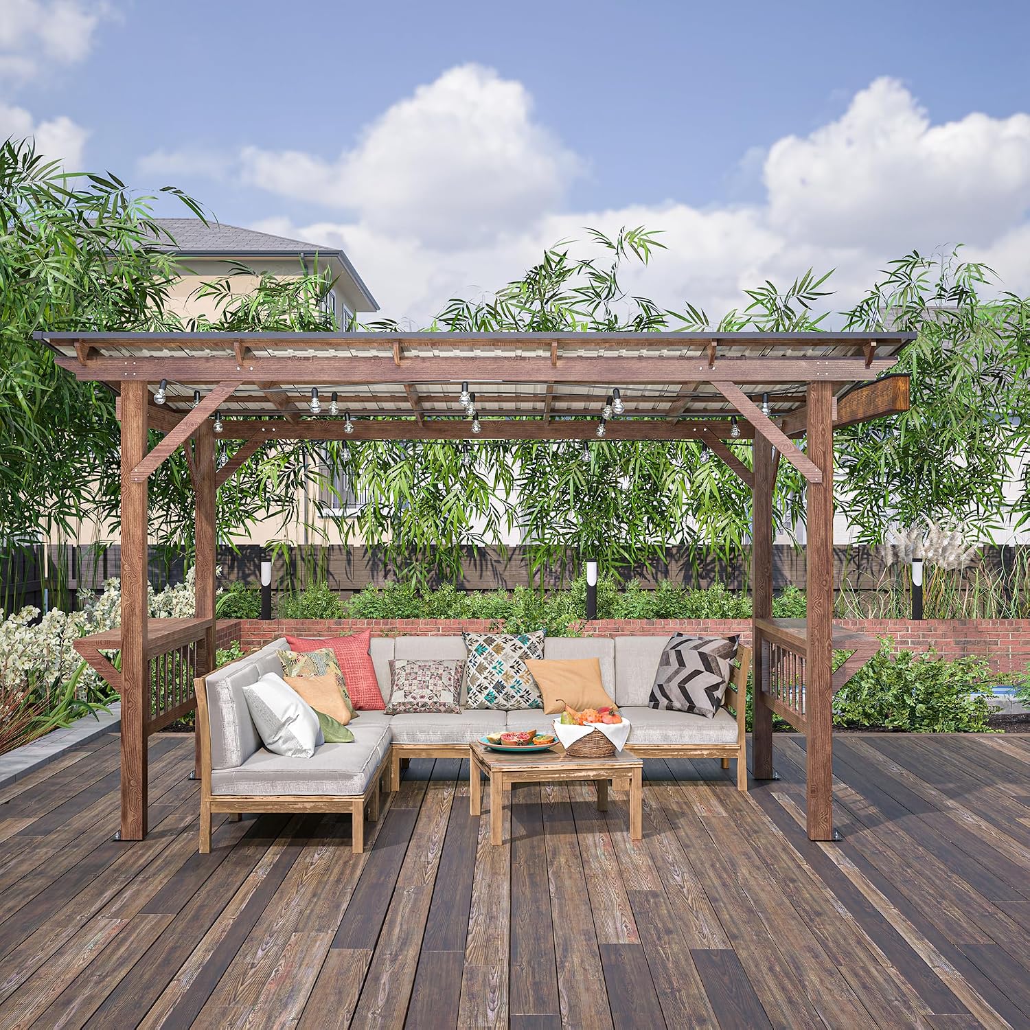 KEIKI 13' x 6.5' Wooden Grill Gazebo Metal Roof, Bulbs, Bar Counters, Patio Hardtop Grill Pergola, BBQ Canopy for Outdoor Patio, Lawn, Garden, Backyard