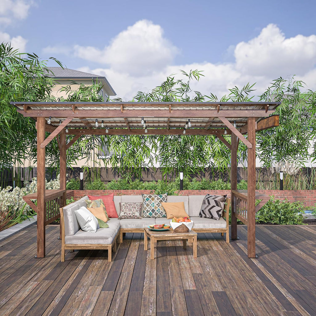 13' x 6.5' Wooden Pergola Grill Gazebo with Metal Roof, Bar Counters & String Lights - Outdoor Patio Shelter for BBQ, Backyard, Lawn & Poolside - Fir Wood & Stainless Steel Structure, Brown