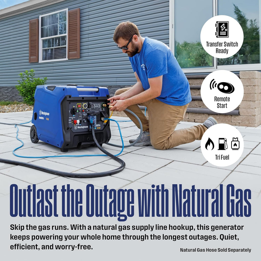 Westinghouse 8200 Peak Watt Tri-Fuel Portable Inverter Generator, Remote Electric Start, Transfer Switch Ready, Gas, Propane, Natural Gas, Low THD, Safe for Electronics, Parallel Capable, CO Sensor