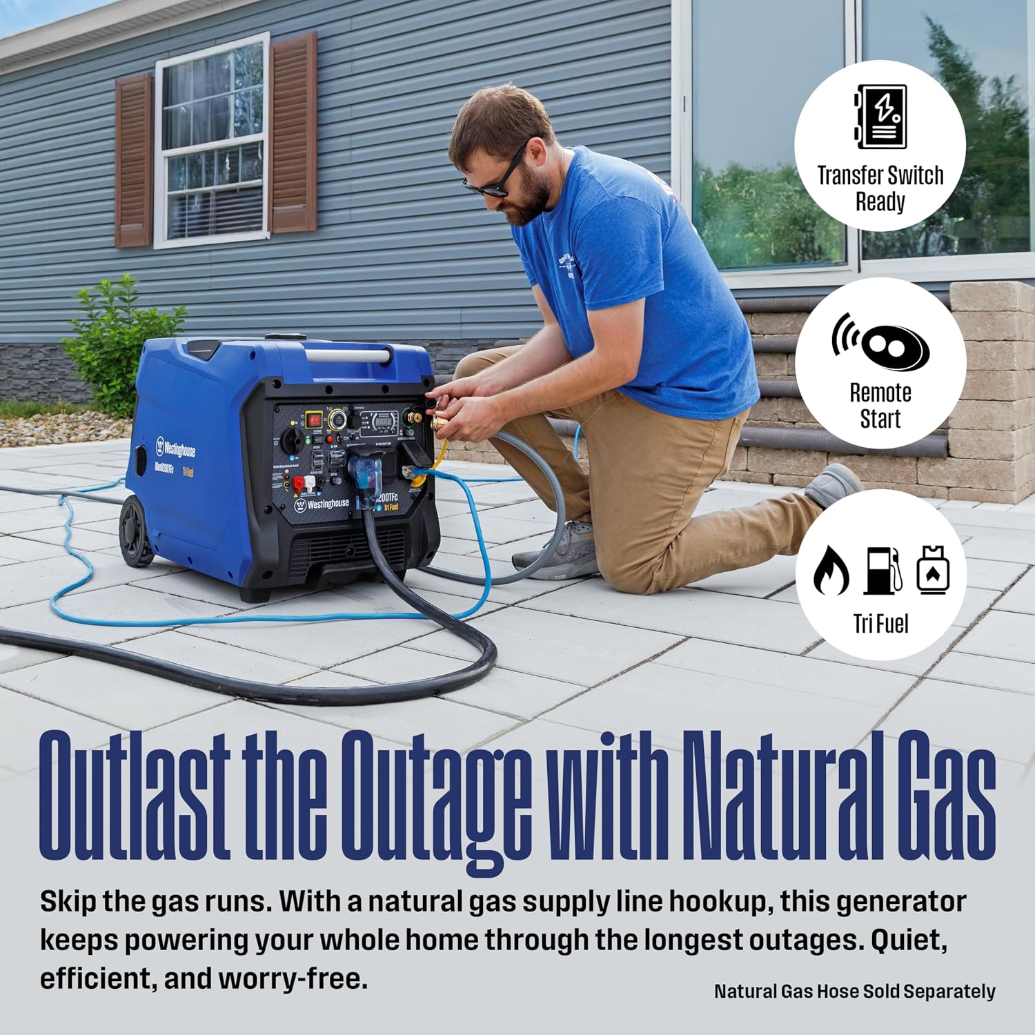 Westinghouse 8200 Peak Watt Tri-Fuel Portable Inverter Generator, Remote Electric Start, Transfer Switch Ready, Gas, Propane, Natural Gas, Low THD, Safe for Electronics, Parallel Capable, CO Sensor