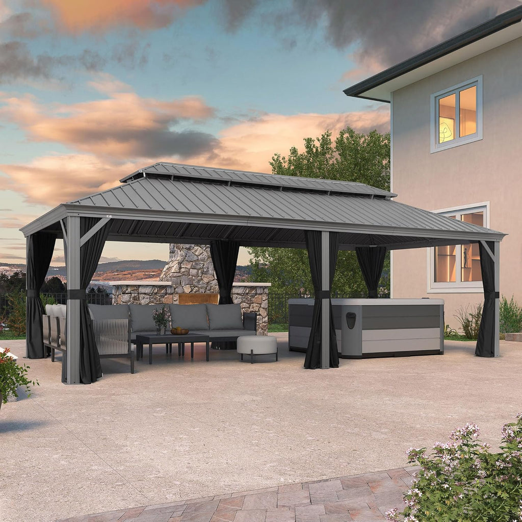 PURPLE LEAF 12' x 24' Outdoor Hardtop Gazebo with Netting and Curtains Galvanized Steel Double Roof and Aluminum Frames Permanent Wind Resistance Pavilion Gazebo for Patio Deck Garden, Light Grey