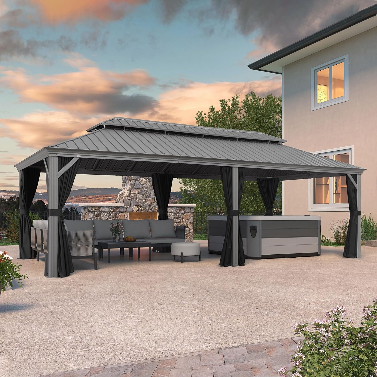 PURPLE LEAF 12' x 24' Outdoor Hardtop Gazebo with Netting and Curtains Galvanized Steel Double Roof and Aluminum Frames Permanent Wind Resistance Pavilion Gazebo for Patio Deck Garden, Light Grey