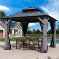 10'x10' Wood Gazebo, Outdoor Hardtop Gazebo with Wood Posts and Galvanized Steel Doule Roof, Wooden Frame Gazebos with Netting and Curtains for Patio Backyard Garden Deck