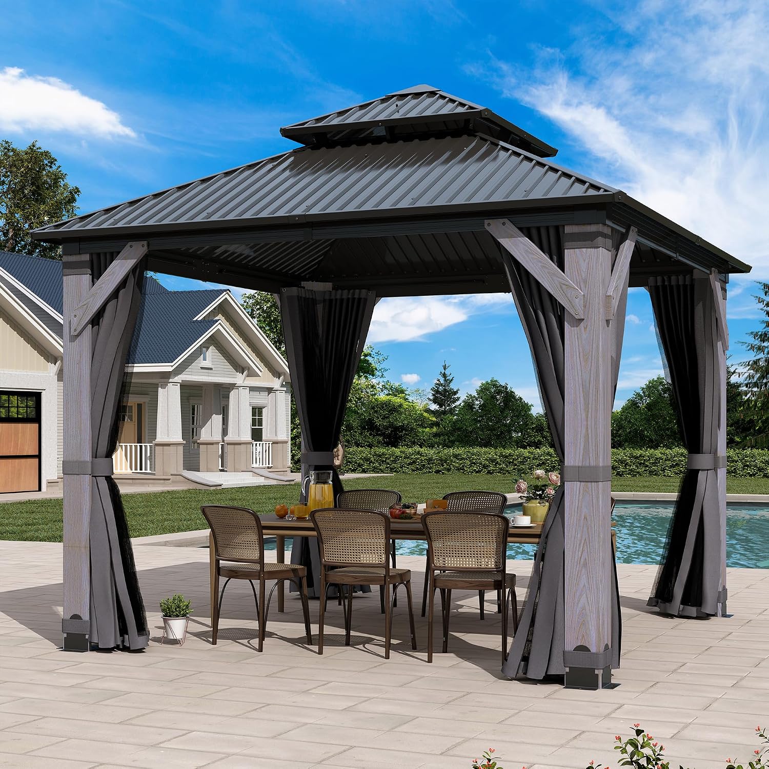 10'x10' Wood Gazebo, Outdoor Hardtop Gazebo with Wood Posts and Galvanized Steel Doule Roof, Wooden Frame Gazebos with Netting and Curtains for Patio Backyard Garden Deck