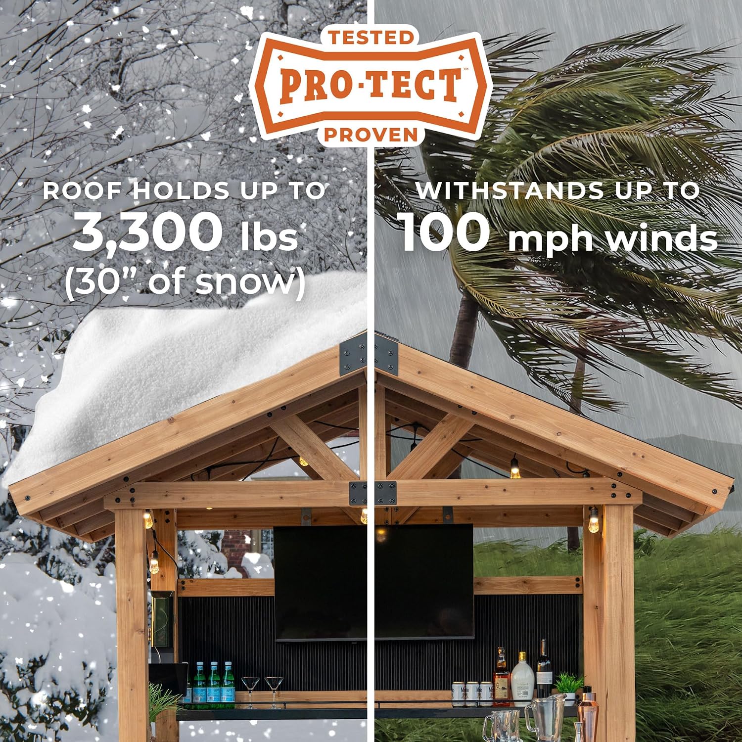 Backyard Discovery Palisade 9' x 6' Cedar Wood Outdoor Bar Set with Galvanized Steel Roof, Bar Top, Shelving, Snow Load Support, Wind Resistance, PowerPort for Patio, Deck, Entertaining