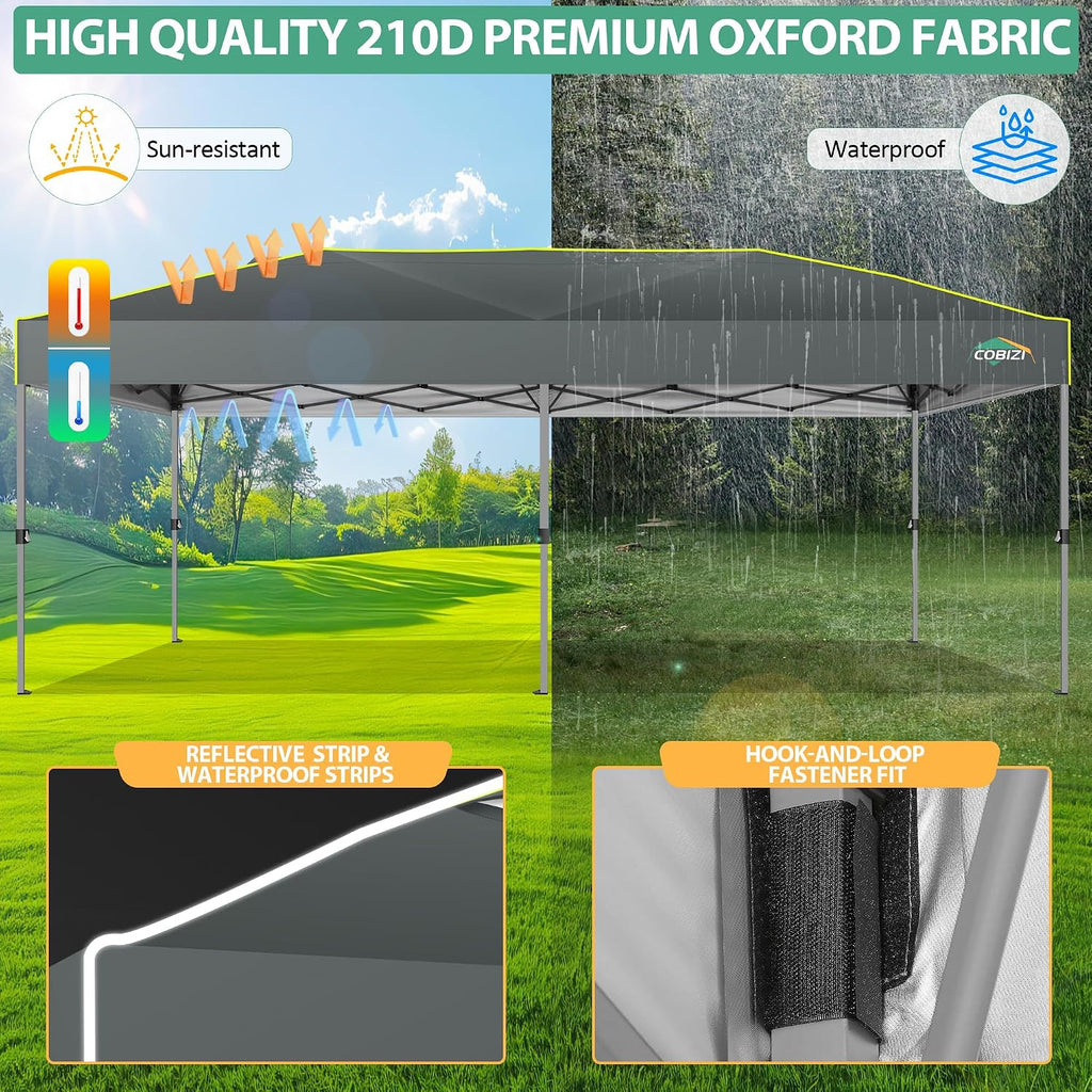 COBIZI 10x20 Pop Up Canopy Tent Ez Up Commercial Outdoor Canopy Wedding Party Tents with Center Lock Instant Folding Shelter with Reflective Strip, Air Vent & 4 Sandbags, (10'X20') Grey