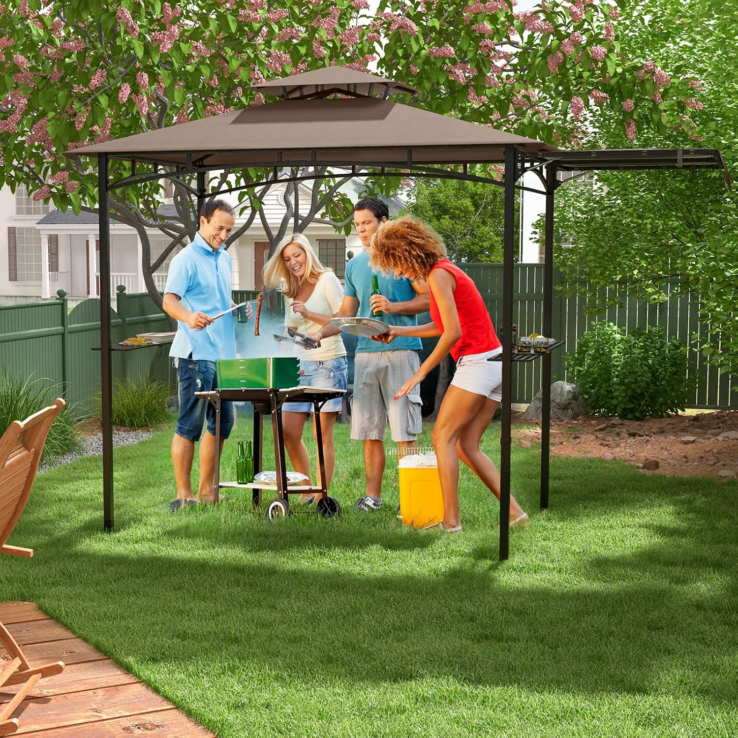 HAPPYGRILL Outdoor Grill Gazebo Canopy 11 x 5 FT, Barbecue Canopy with Double-Tiered Top, 2 Side Shelves, Hanging Hooks, Bottle Opener, Metal Frame, BBQ Grilling Shelter