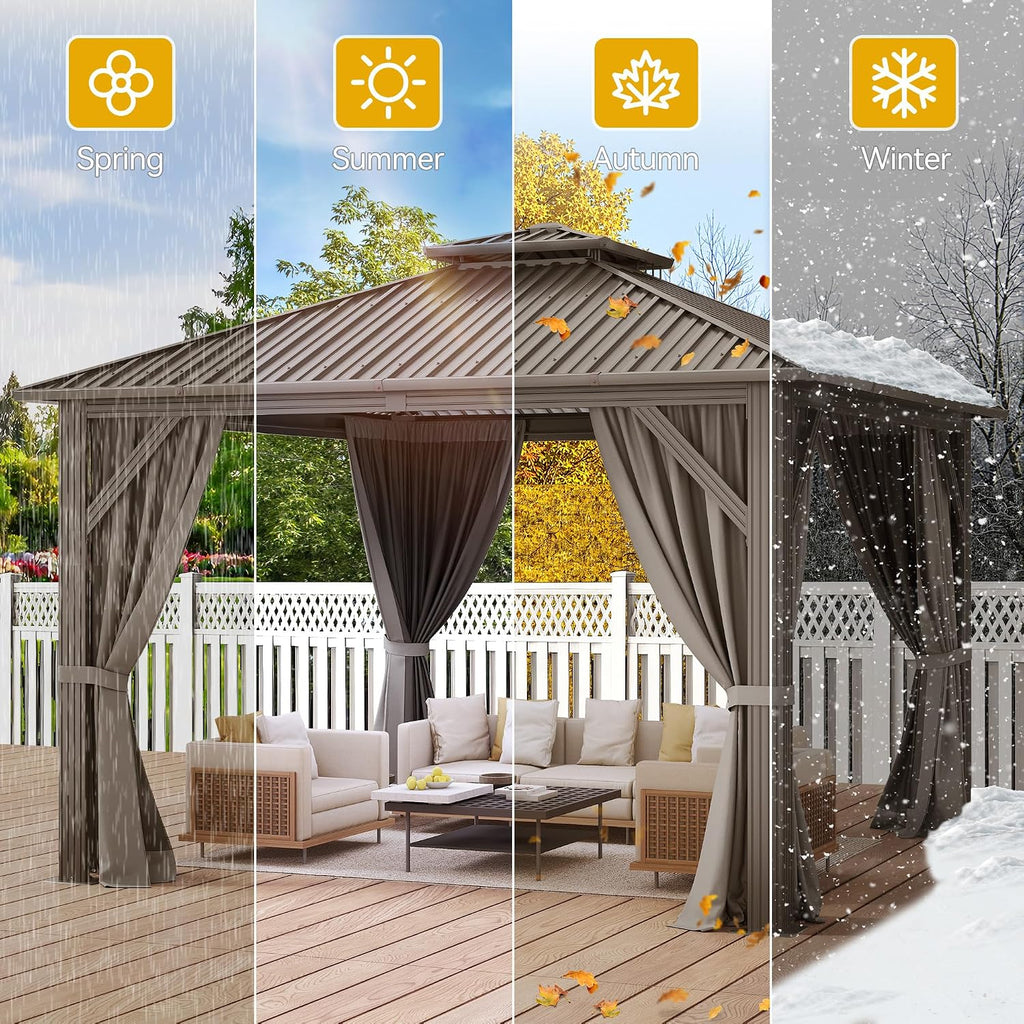 DWVO 12x12ft Metal Gazebo Hardtop Double Roof Canopy Outdoor Gazebo Galvanized Roof with Netting and Curtain Garden Tent for Patio, Backyard and Deck