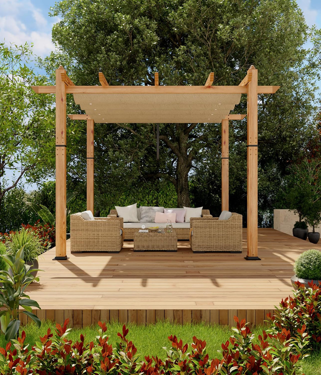 GarveeLife 10 x 10 ft Wood-Grain Aluminum Pergola Outdoor Gazebo with Retractable Canopy Sun Shade Shelter for Garden, Patio, Backyard, Deck - Khaki