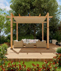 GarveeLife 10 x 10 ft Wood-Grain Aluminum Pergola Outdoor Gazebo with Retractable Canopy Sun Shade Shelter for Garden, Patio, Backyard, Deck - Khaki