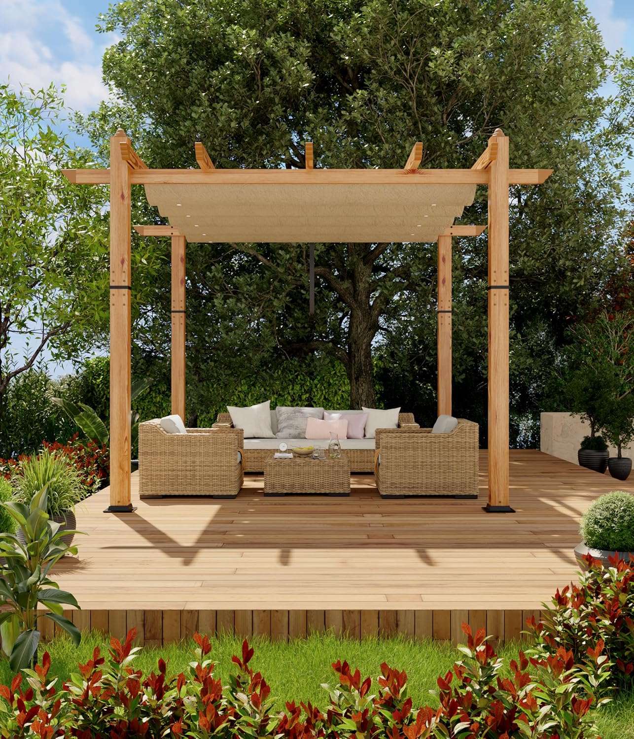 GarveeLife 10 x 10 ft Wood-Grain Aluminum Pergola Outdoor Gazebo with Retractable Canopy Sun Shade Shelter for Garden, Patio, Backyard, Deck - Khaki