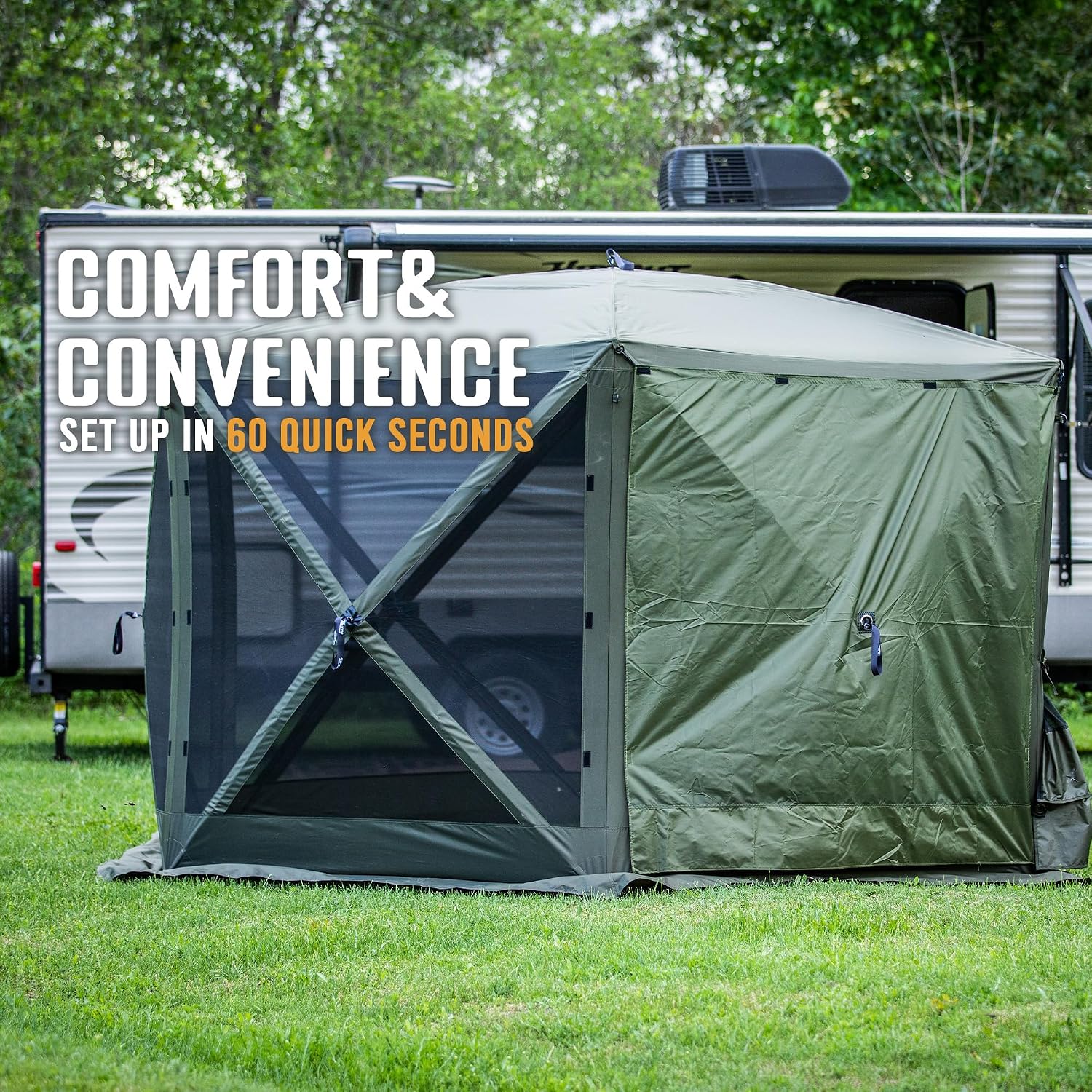 CLAM Escape 11.5' Pop-Up Screen Tent – Green Outdoor Camping Gazebo Canopy with No-See-Um Mesh, Carry Bag & Stakes – 6-Sided Portable Shelter for Camping, Picnics, & Events – Fast 45-Second Setup