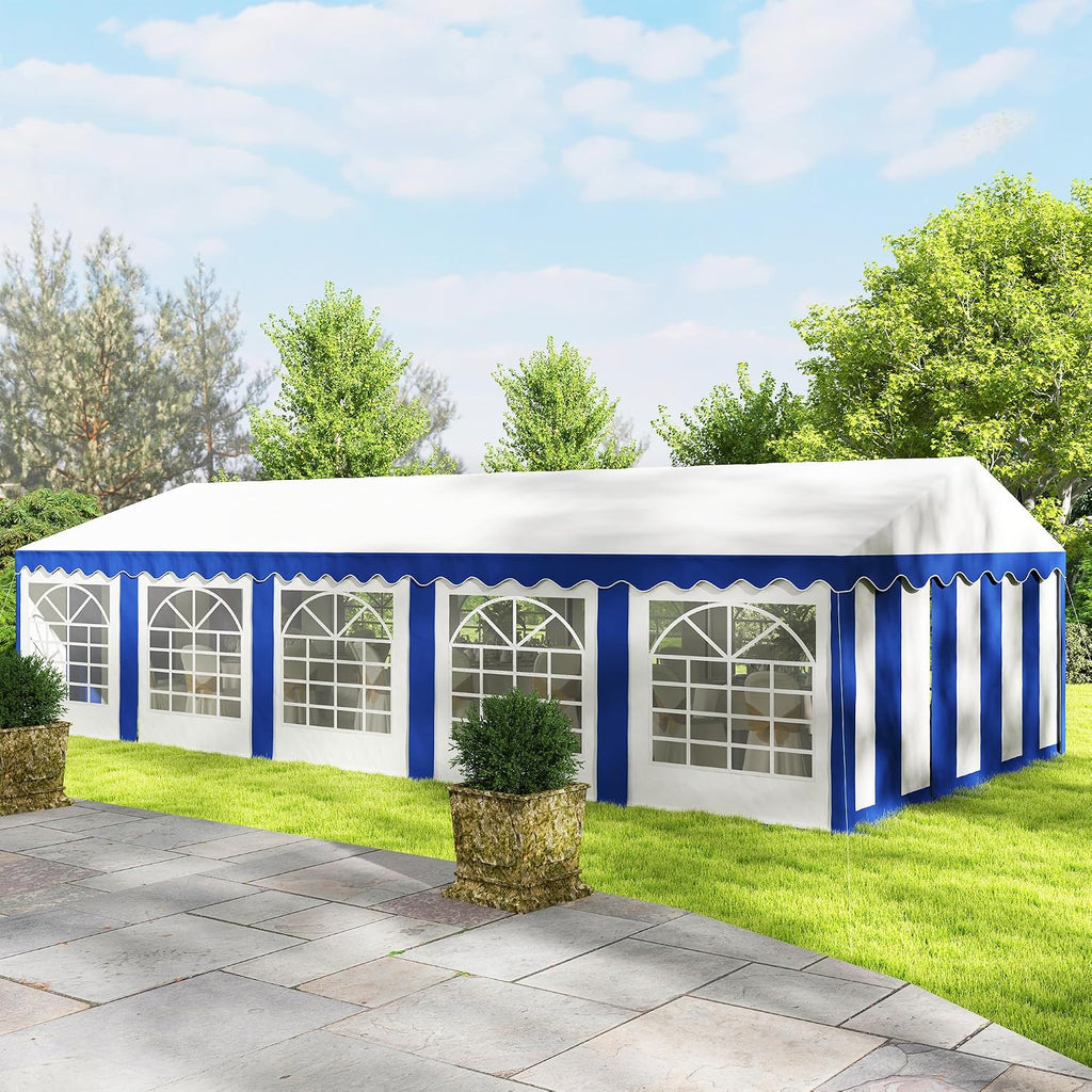 Outsunny 16.5' x 33' Party Tent, Heavy Duty Large Outdoor Canopy Tent Shelter with Removable Sidewalls, 10 Windows and 2 Doors, for Parties, Wedding, Events, BBQ Grill, White and Blue