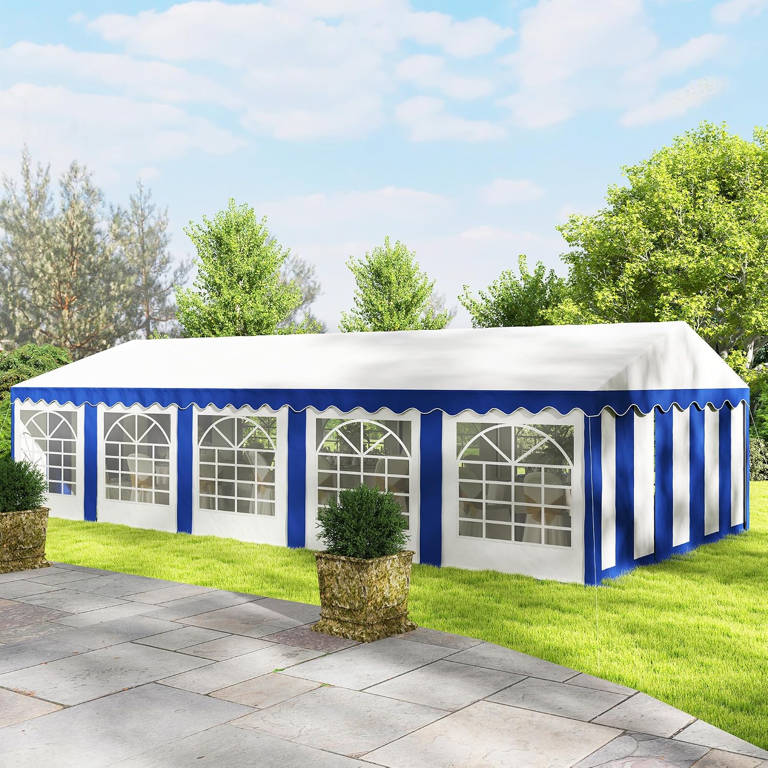 Outsunny 16.5' x 33' Party Tent, Heavy Duty Large Outdoor Canopy Tent Shelter with Removable Sidewalls, 10 Windows and 2 Doors, for Parties, Wedding, Events, BBQ Grill, White and Blue