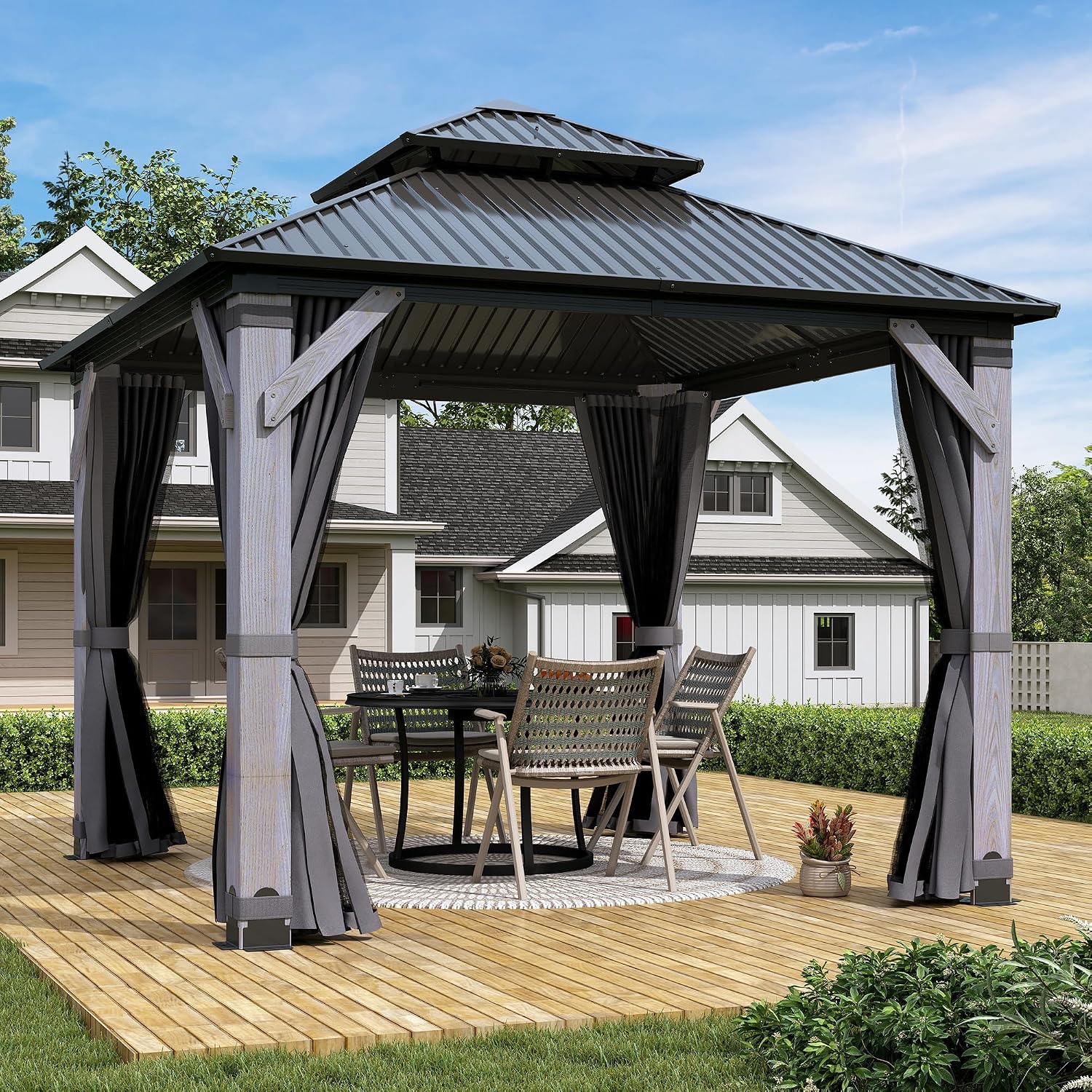 8.5 x 8.5FT Wood Gazebo,Outdoor Wooden Hardtop Gazebo with Galvanized Steel Doule Roof,Cedar Wood Frame Gazebos with Netting &Curtains for Backyard Deck