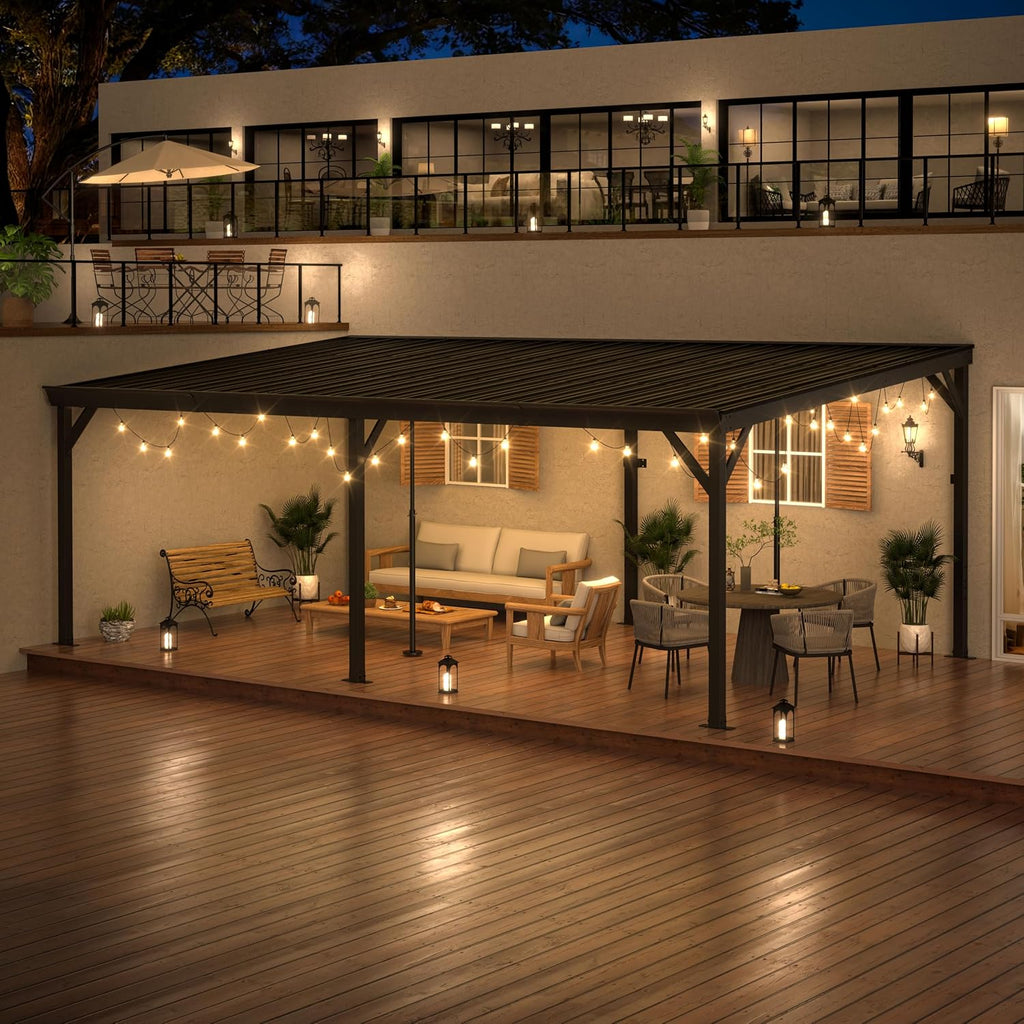 Yardenaler 12x20 FT Wall Mounted Gazebo, Hardtop Lean to Gazebo with Aluminum Slope Roof, 3.15'x3.15' Post Outdoor Pergola with Adjustable Support Posts for Poolside, Patio, Backyard, Deck, Black