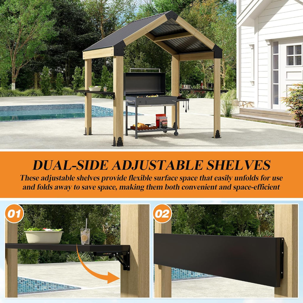 GARTOO 7.7'x5.7' Outdoor Grill Wood Gazebo - Hardtop Gazebo with 2 Side Shelves and Galvanized Steel Roof, Patio Wooden BBQ Pergola for Garden, Porch and Backyard