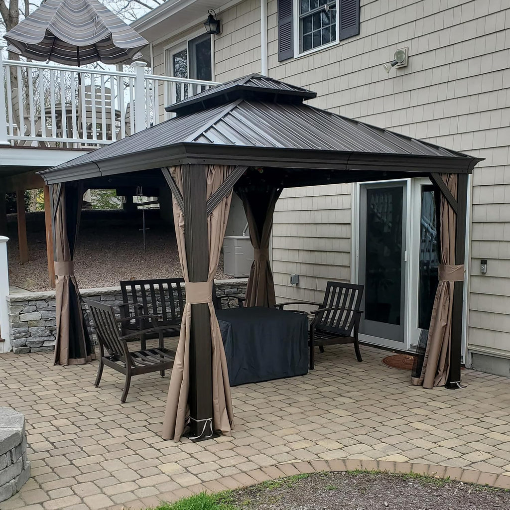 Domi 10' X 14' Hardtop Gazebo Permanent Outdoor Gazebo with Galvanized Steel Double Roof, Aluminum Frame, Curtains and Netting for Patio Lawn and Garden, Brown
