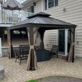 Domi 10' X 14' Hardtop Gazebo Permanent Outdoor Gazebo with Galvanized Steel Double Roof, Aluminum Frame, Curtains and Netting for Patio Lawn and Garden, Brown
