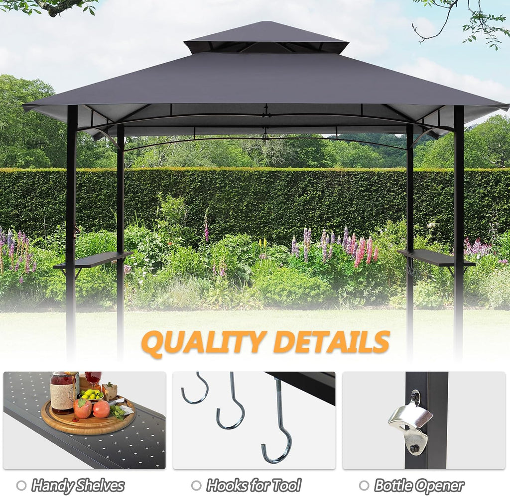 8'x 5' Grill Gazebo Canopy, Outdoor BBQ Gazebo with Led Light, Barbeque Gazebo Shelter for Patio (Grey)