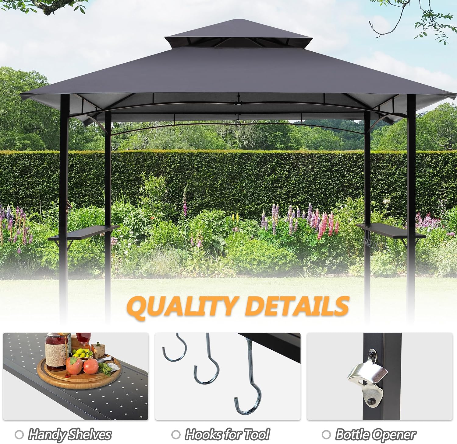 8'x 5' Grill Gazebo Canopy, Outdoor BBQ Gazebo with Led Light, Barbeque Gazebo Shelter for Patio (Grey)