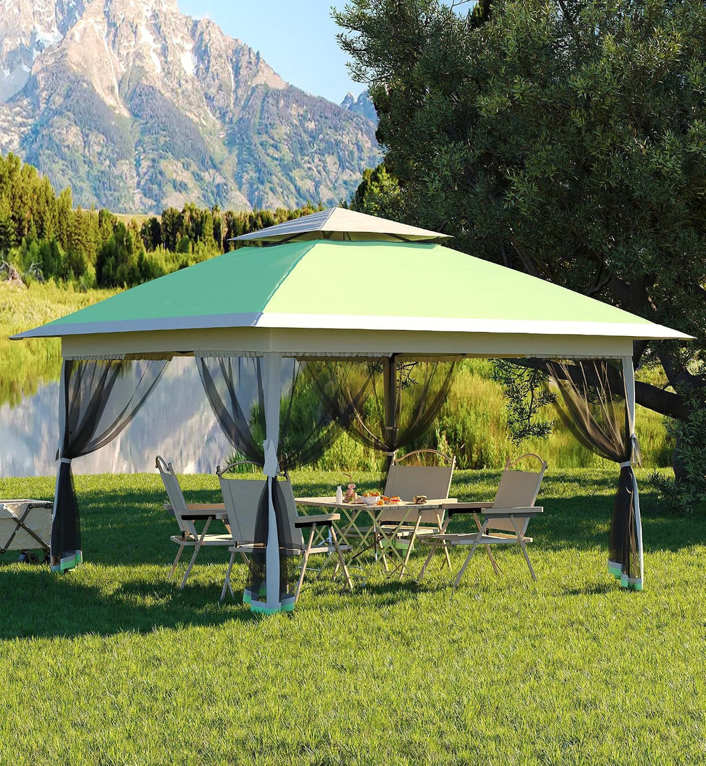 Garvee 13x13 ft Pop Up Gazebo, Canopy Tent with Mosquito Netting, Outdoor Gazebos for Backyard & Patio Furniture - Pop Up Canpy with Wheeled STO-N-Go Cover Bag (Olive Green+Hemp Grey)