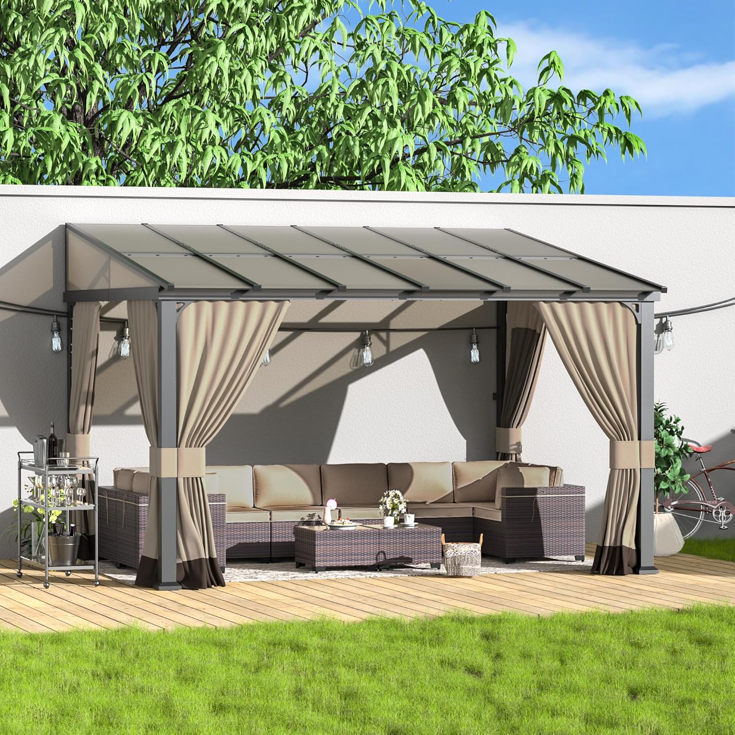 Kurapika 10' x 12' Wall Mount Gazebo Outdoor Pergola, Hardtop Lean to Gazebo Canopy Awnings with Sloped Roof and Sturdy Steel Frame, for Patio, Porch, Deck, Backyard(Sand)