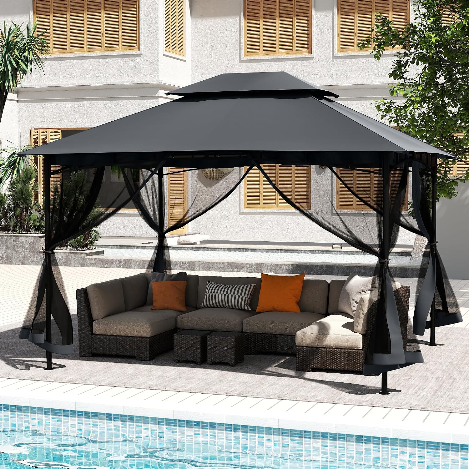 10' X 12' Patio Gazebo with Ventilation Double Roof, Outdoor Gazebo with Removable Mosquito Netting, Easy Up Metal Outdoor Canopy Shelter for Backyard, Garden, Lawn, Grey