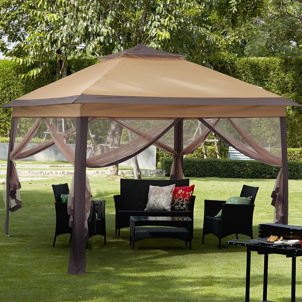 11x11 Pop Up Camping Shelters Tent, Outdoor Tent with Netting, Outdoor Shelters for Backyard, Screen House with Wheeled Cover Bag, Brown.