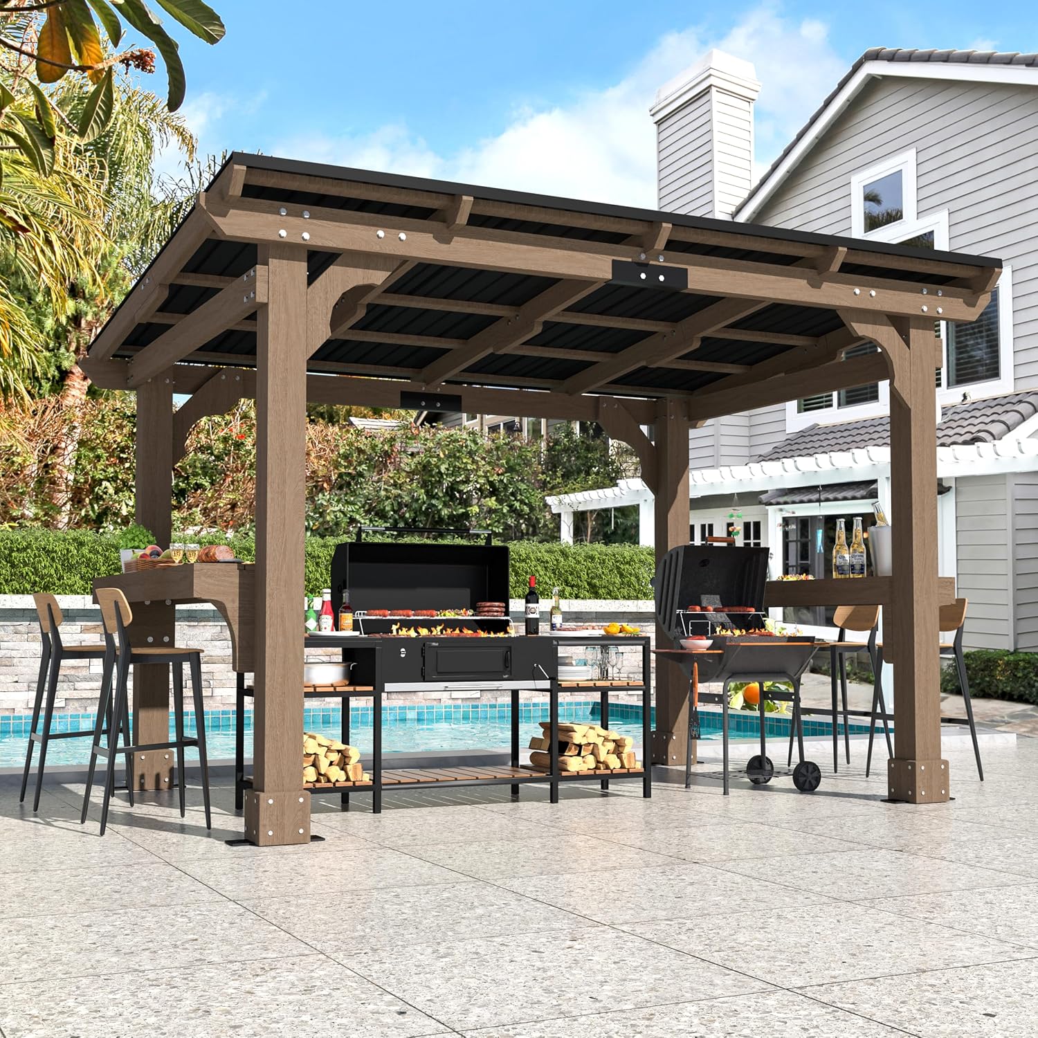MUPATER 8' x 10' Cedar Wood Grill Gazebo with 2 Side Shelves, BBQ Gazebo for Outdoor Grill, Strong Load- Bearing Capacity, Permanent Wooden Shelter with Sloped Steel Roof for Backyard and Deck, Brown