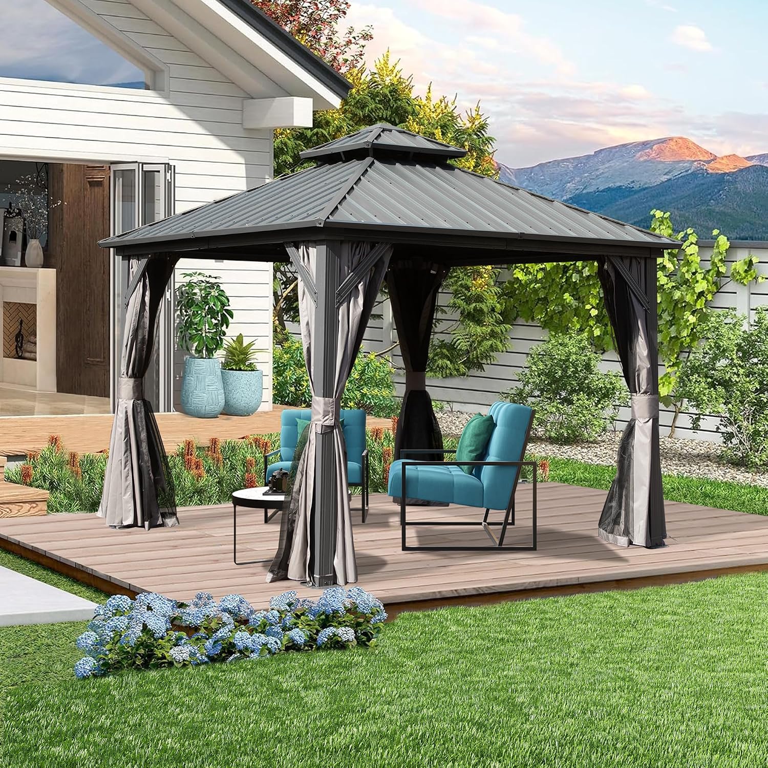 Domi 8' x 8' Hardtop Gazebo Permanent Metal Gazebo with Galvanized Steel Double Roof, Curtains and Netting for Party, Wedding, Outdoor Dining, Patio, Backyard, Gray