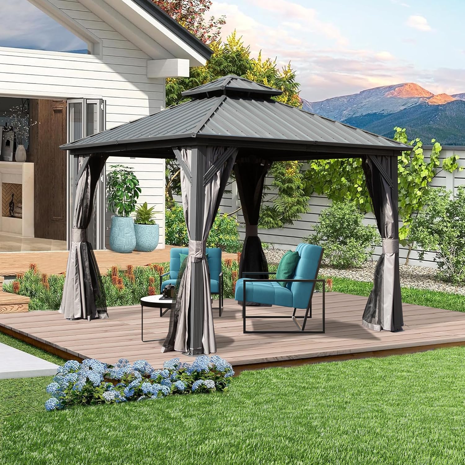 Domi 8' x 8' Hardtop Gazebo Permanent Metal Gazebo with Galvanized Steel Double Roof, Curtains and Netting for Party, Wedding, Outdoor Dining, Patio, Backyard, Gray