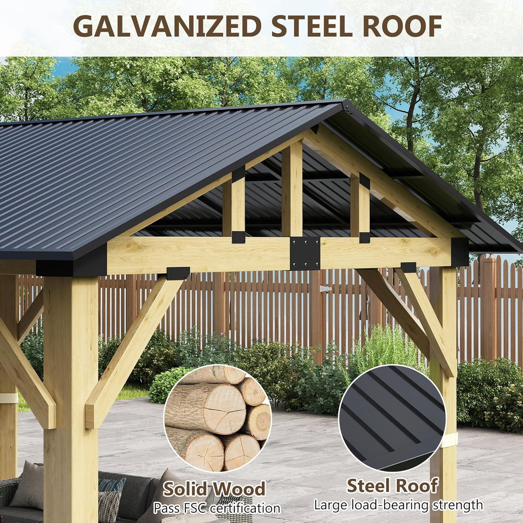 Wood Gazebo 13'x15', Cedar Wooden Gazebos, Outdoor Hardtop Gazebo with Waterproof Steel Roof, Fit Patio, Backyard, Garden, Lawns, Porch