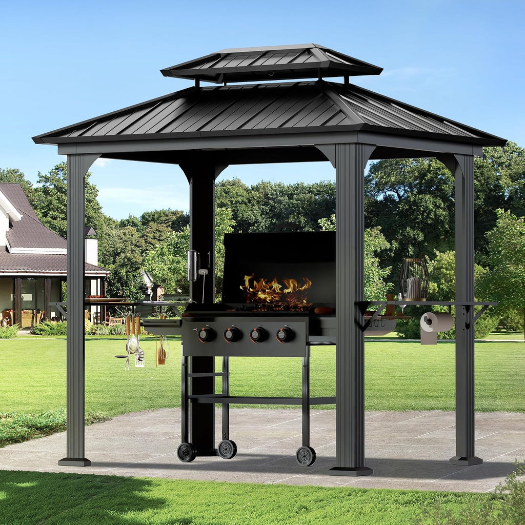 Big Leaf 6' x 8' Grill Gazebo with Aluminum Frame, Galvanized Steel Roof, Side Shelves, Paper Towel Holder, and USB/USB-C Charging Ports – Ideal BBQ Canopy for Patio