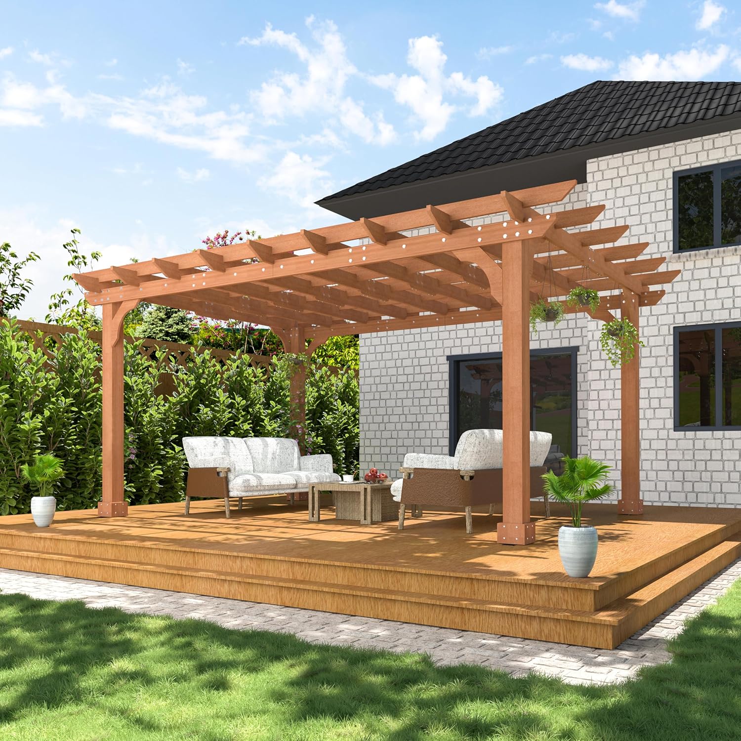 MUPATER 10x14 FT Cedar Wood Pergola with Trellis Roof, Outdoor Pergola Kit with Stakes, Snow and Wind Supported, Patio Shade Structure for Climbing Plant Support, Deck, Backyard, Lawn