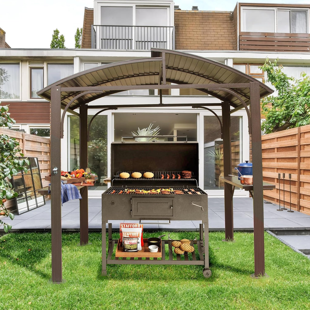 Hardtop Grill Gazebo 8x5FT, Outdoor BBQ Gazebo with Galvanized Steel Double Roof, Permanent Sun Shade Grill Canopy Shelter with 2 Side Shelves and Ceiling Hook for Patio Yard Garden (Brown)