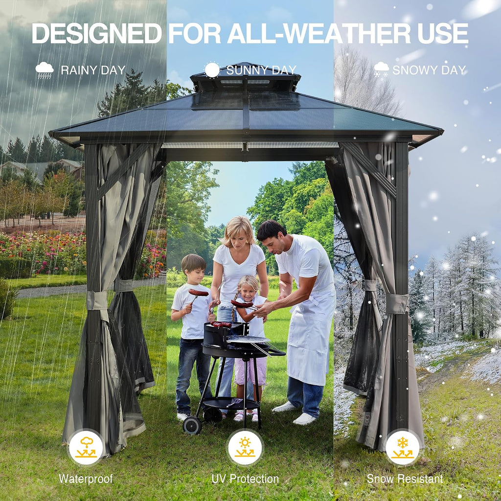 8x8FT Outdoor Grill Gazebo with UV-Resistant Polycarbonate Hardtop Roof - Weather-Resistant Aluminum Frame, Built-in Storage Hooks - Perfect for Patio, Lawn, Garden BBQ & Dining