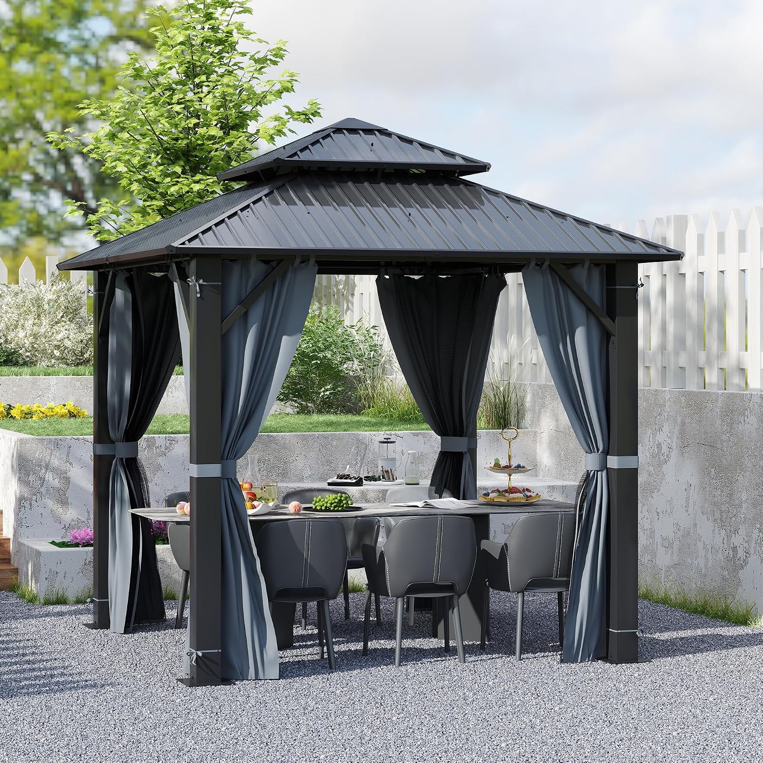 8.5'x8.5' Hardtop Gazebo, Outdoor Double Roof Galvanized Steel Gazebo, Aluminum Frame Permanent Pavilion with Curtains & Netting for Backyard, Patio, Deck (Galvanized Steel Top, 8.5x8.5 FT)
