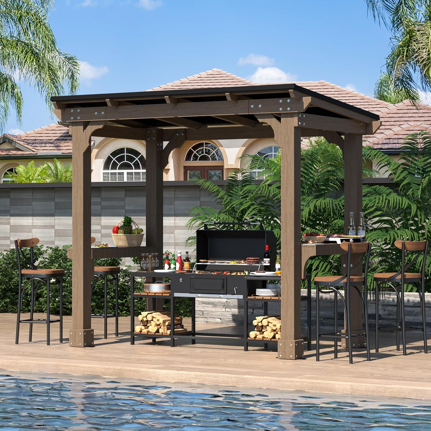 MUPATER 8' x 5' Wooden Grill Gazebo with Sloping Metal Roof, Hard Top Grill Gazebo with 2 Side Shelves, Suitable for Full-Size Grill, BBQ Canopy for Outdoor Patio, Lawn, Garden, Backyard