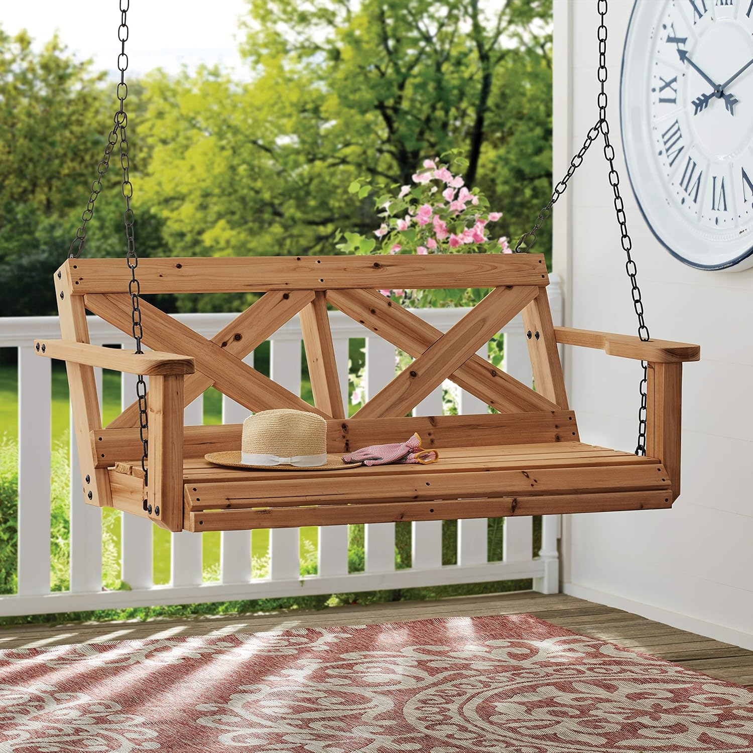 Backyard Discovery 55' Cedar Wood Farmhouse Outdoor Porch Swing Bench with Two-Person Seating, Durable Hanging Chains, Water-Resistant, Heavy-Duty 600 Lbs Weight Capacity for Patio, Deck, Garden