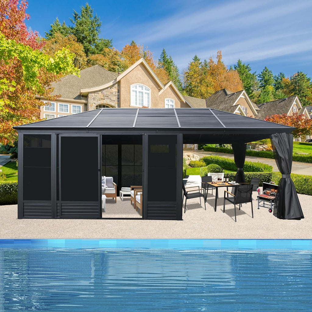 Domi 11x21FT Outdoor Sunroom, All Season Solarium Gazebo with Galvanized Steel Roof, Detachable PE Screen, 2 Lockable Sliding Door, Hardtop Gazebo with Netting and Curtains for Patio Deck Garden