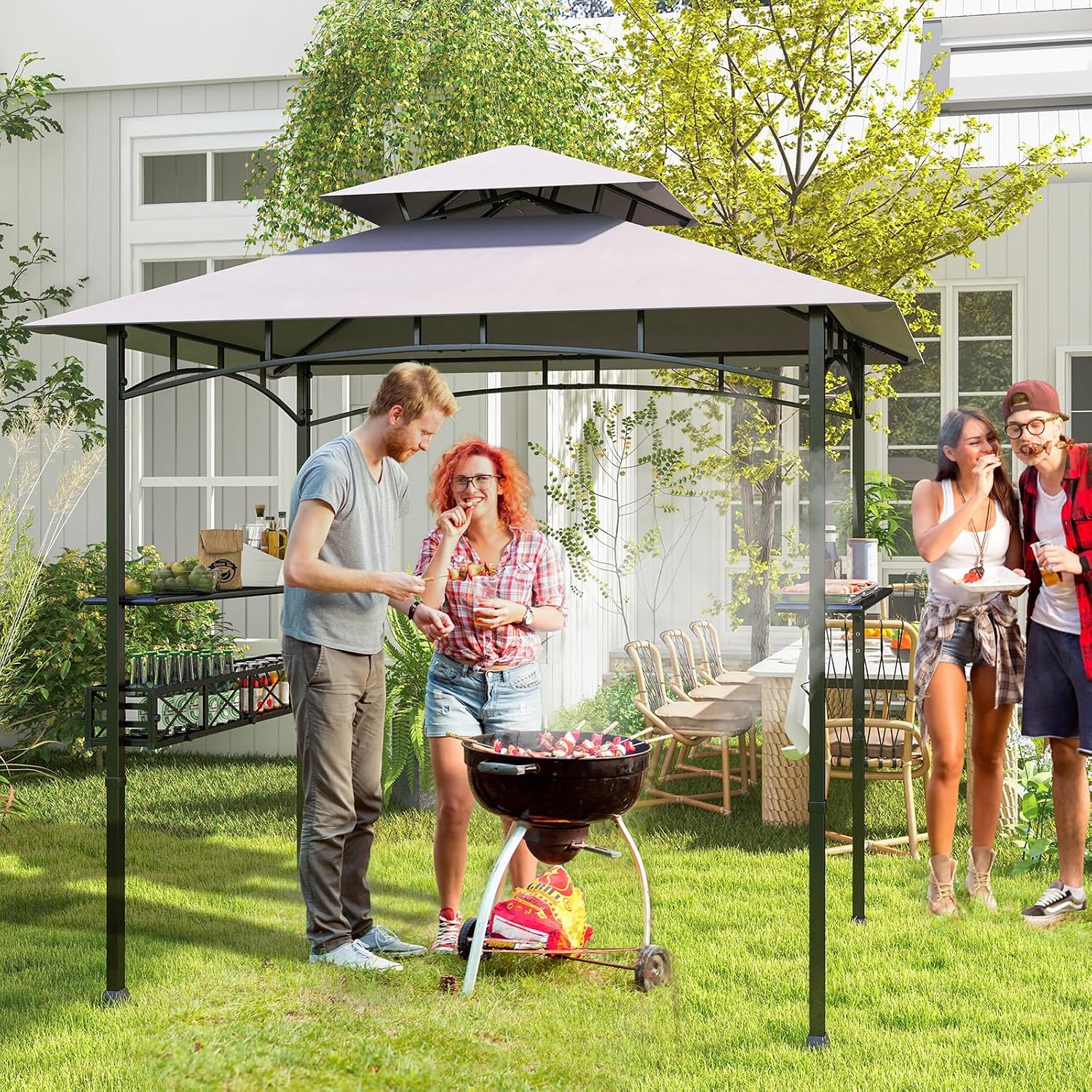 HAPPYGRILL 8 x 5 FT BBQ Grill Gazebo with 2 Side Shelves, Storage Basket, Hanging Hooks, Bottle Opener, Double-Tiered Top, Metal Frame, Outdoor Barbecue Canopy, Grilling Shelter for Patio Garden Yard